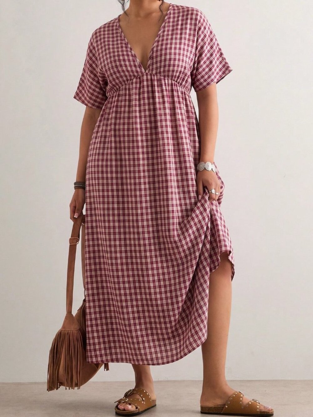 Burgundy Cute Women's Plus Size Loose Casual Plaid Dress